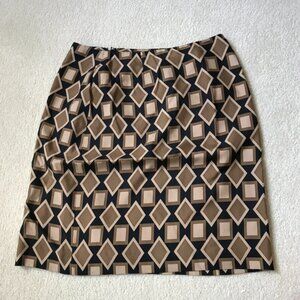 Ann Taylor 100% Silk Black & Brown Print Knee Length Skirt 8